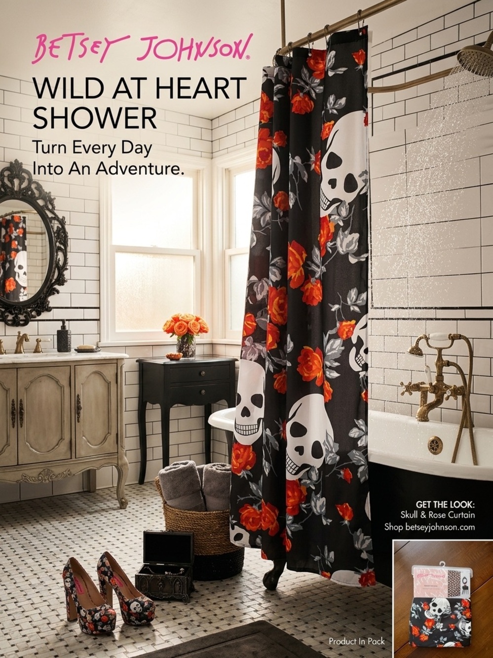 Betsey Johnson skulks & roses Shower curtain